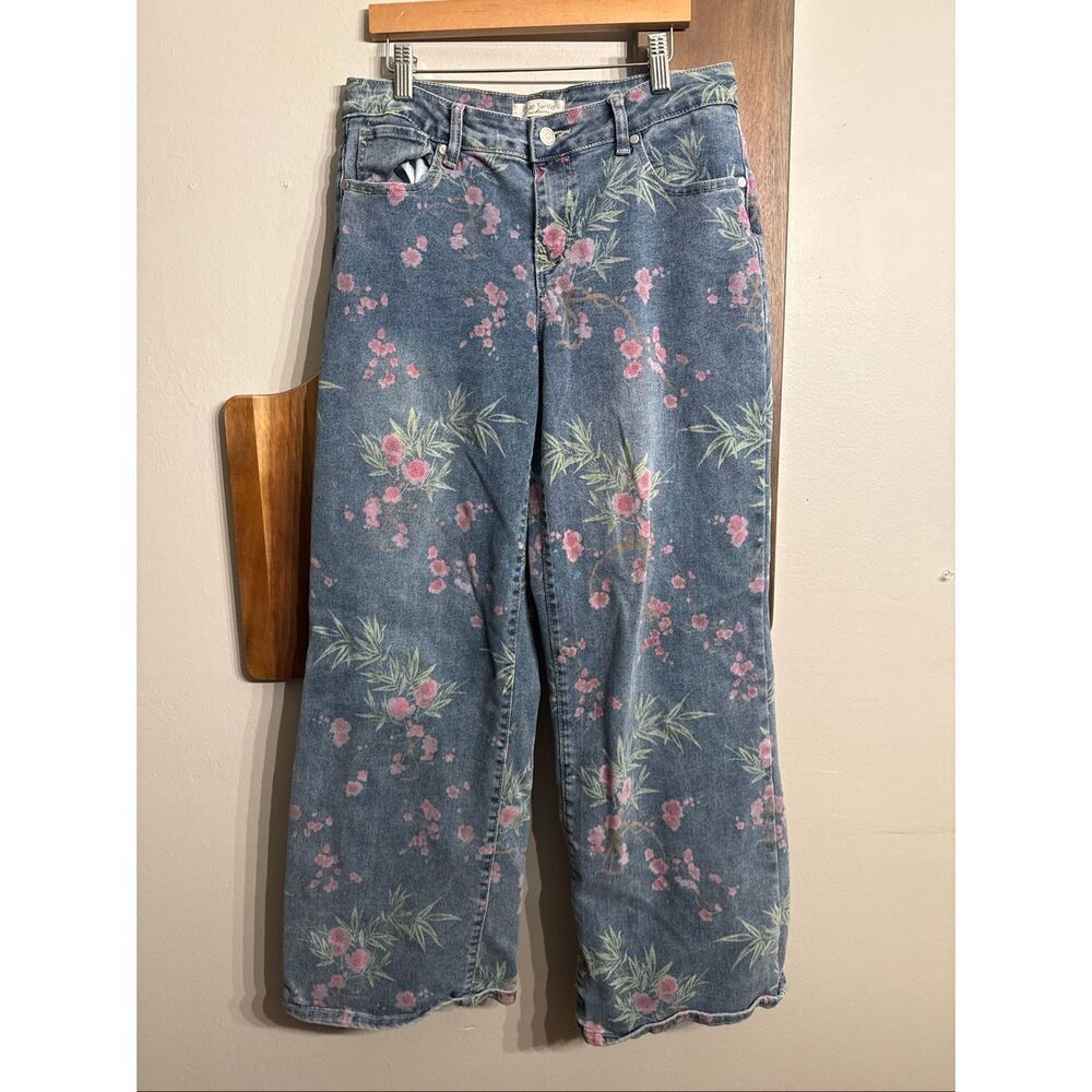 Blue Turtle Exclusive‎ Pink Blue Mid Rise Wide Leg Floral Denim Jeans Size 9